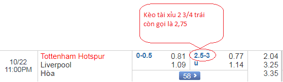 Kèo tài xỉu 2 3/4 trái, đọc là tài xỉu hai trái rưỡi ba trái