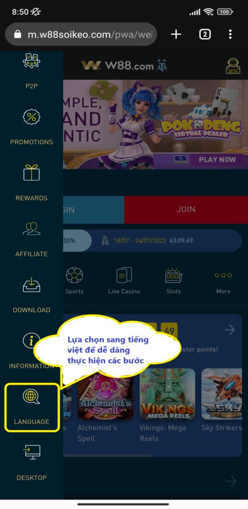 Lựa chọn ngôn ngữ để tải W88 adroid