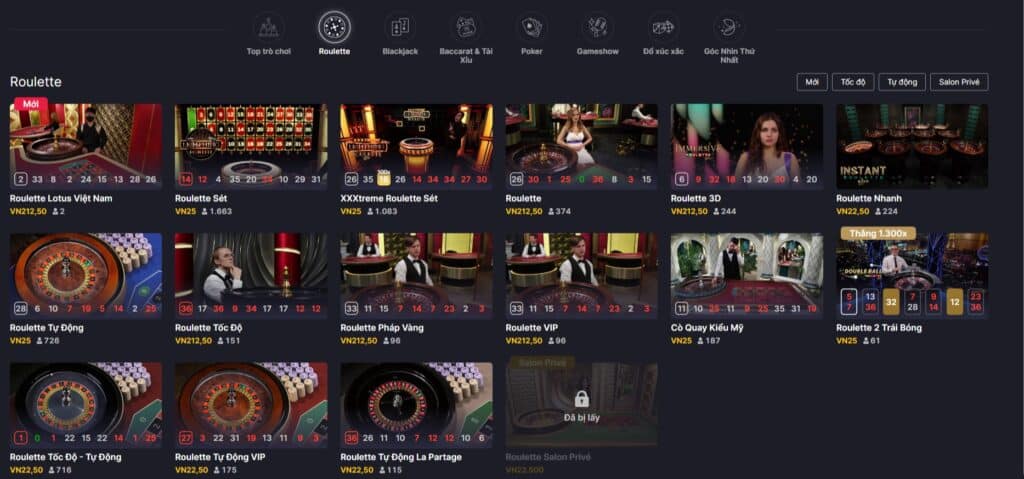 Chọn sảnh để chơi roulette